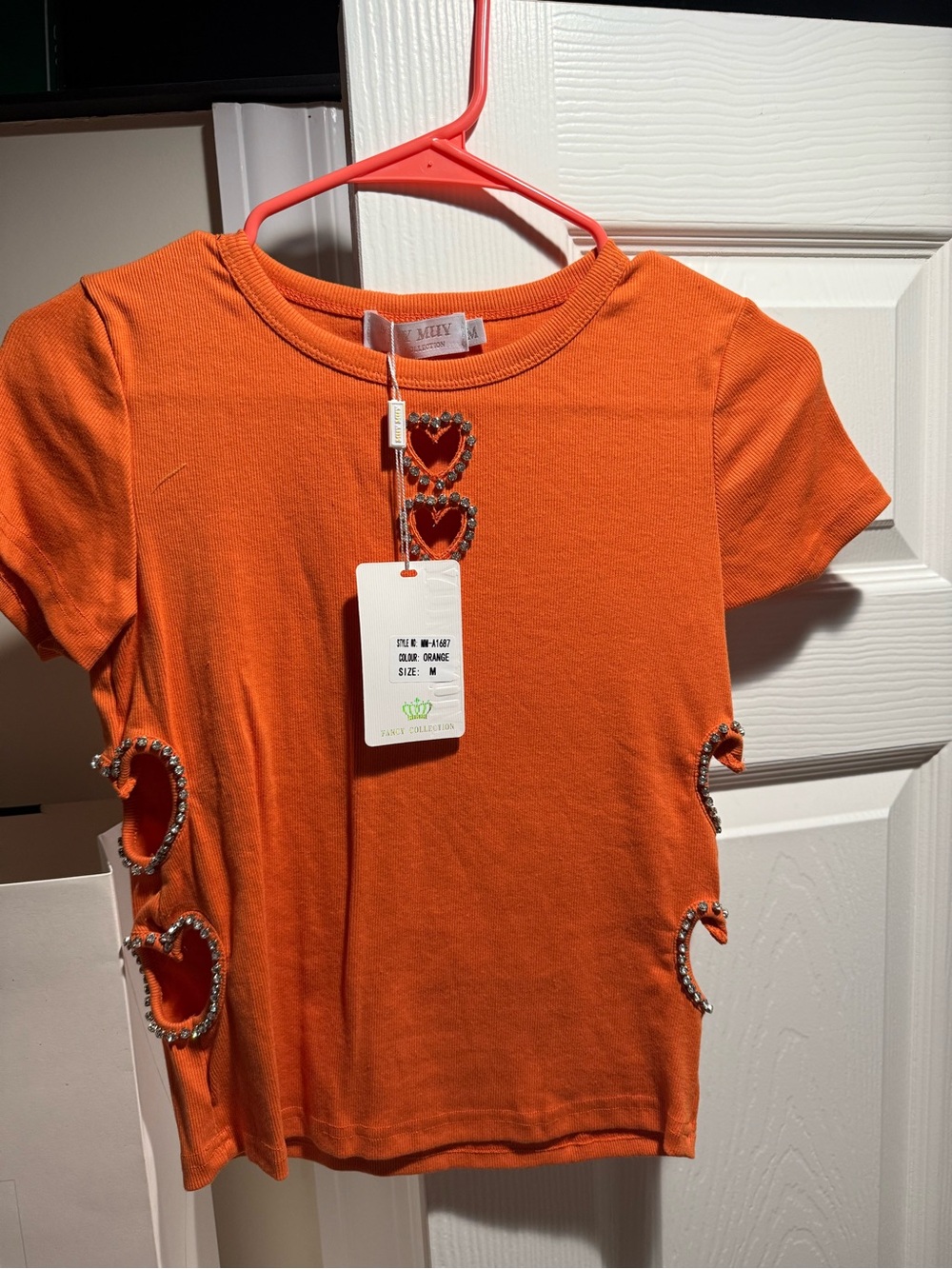NY Collection Orange Short Sleeve Rhinestone Heart Cutout Top